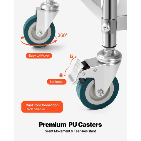Uimoso Stainless Steel 3-Tier Rolling Lab Utility Cart Medical Locking Wheels
