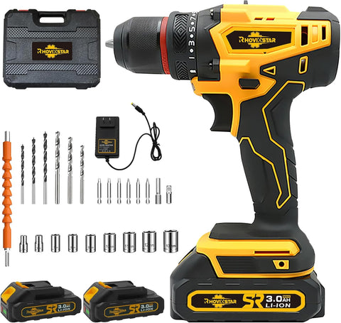 Rhovixster Power Drill Cordless 20V - 2 Speed with 2 Batteries and Fast Charger, 3/8-Inch Keyless Chuck, Power Drill Tool Kit for DIY, Home Repair, Wood & Metal Drilling (2x 3Ah Batteries)