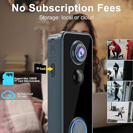 Doorbell Camera Wireless, Head-to-Toe Video - No Subscription Required,2K HD Live View, Two-Way Talk
