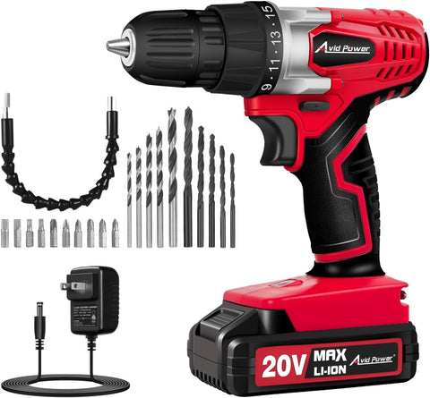 VID POWER 20V Cordless Drill Set for Home DIY & Beginner Projects - Lightweight Power Drill with Battery Charger & 22 Bits, Variable Speed, 3/8" Keyless Chuck, Ideal for Furniture Assembly (Red)
