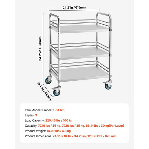 Uimoso Stainless Steel 3-Tier Rolling Lab Utility Cart Medical Locking Wheels