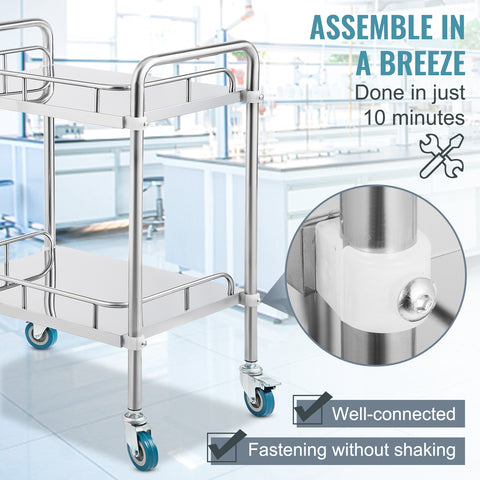 Uimoso Lab Rolling Cart 2/3-Layer Stainless Steel Medical Dental Lab Serving Car