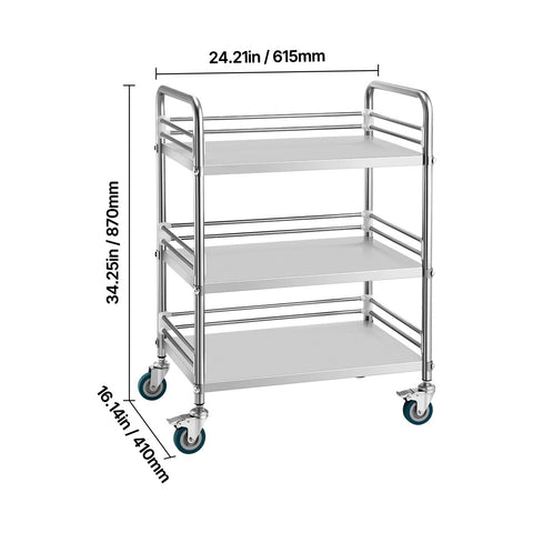 Uimoso Stainless Steel 3-Tier Rolling Lab Utility Cart Medical Locking Wheels